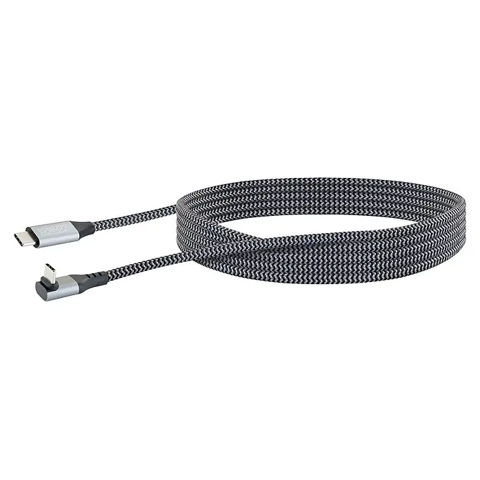Schwaiger USB-Ladekabel 60W USB-C auf USB-C mit horizontalem Winkelstecker - Schwarz, Weiß, Länge: 2 m - Aufgewickeltes USB-C-Kabel aus schwarz-grau geflochtenem Stoff mit einem geraden und einem abgewinkelten USB-C-Stecker.