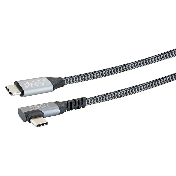 Schwaiger USB-Ladekabel 60W USB-C mit vertikalem Winkelstecker - Schwarz, Weiß, Länge: 1,2 m - Geflochtenes schwarz-graues USB-C Ladekabel mit SCHWAIGER-Branding, geradem und gewinkeltem Stecker.