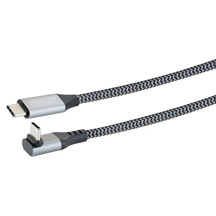 Schwaiger USB-Ladekabel 60W USB-C auf USB-C mit horizontalem Winkelstecker - Schwarz, Weiß, Länge: 2 m - SCHWAIGER geflochtenes grau-schwarzes USB-C-Kabel mit geradem und 90-Grad-USB-C-Stecker.