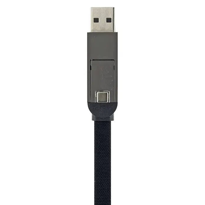 Schwaiger USB-Ladekabel 4-in-1 Multi-Ladekabel - Schwarz, Länge: 12 cm - Dunkelgrauer Adapter mit USB-A-Stecker und schwarzem geflochtenem Kabel.