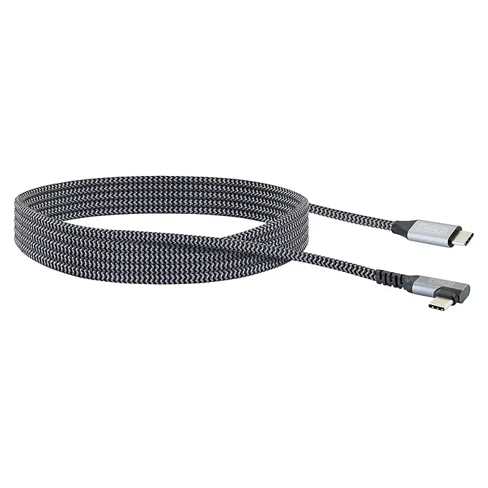 Schwaiger USB-Ladekabel 60W USB-C mit vertikalem Winkelstecker - Schwarz, Weiß, Länge: 2 m - Geflochtenes USB-C-Kabel in Schwarz und Grau, aufgerollt, mit einem geraden und einem abgewinkelten SCHWAIGER-Stecker.