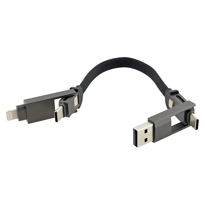 Schwaiger USB-Ladekabel 4-in-1 Multi-Ladekabel - Schwarz, Länge: 12 cm - Vielseitiges dunkelgraues geflochtenes Multi-Adapter-Ladekabel mit USB-A, USB-C und Lightning Anschlüssen für universelle Kompatibilität.