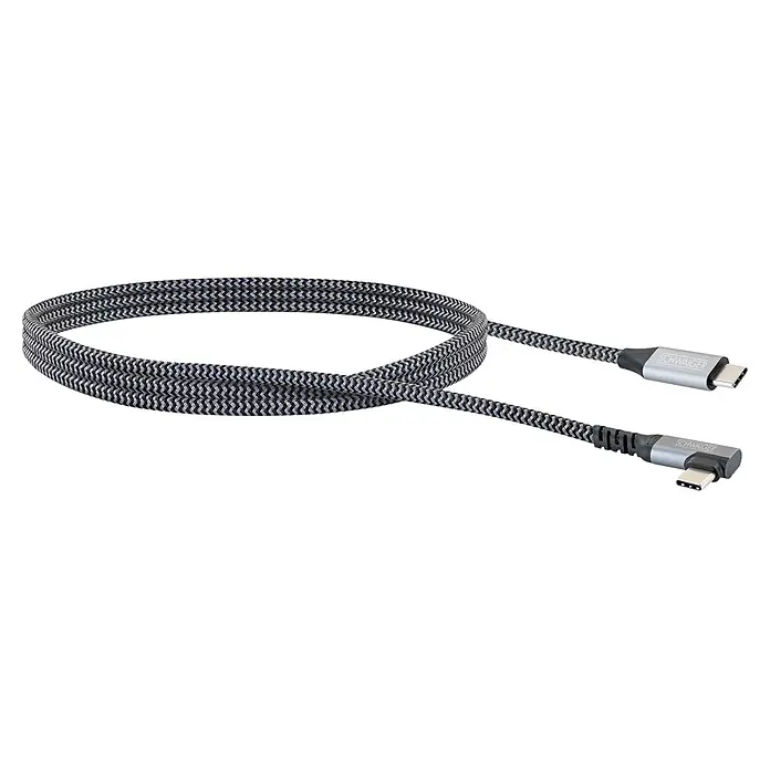 Schwaiger USB-Ladekabel 60W USB-C mit vertikalem Winkelstecker - Schwarz, Weiß, Länge: 1,2 m - Geflochtenes schwarz-graues USB-C-Kabel mit einem geraden und einem abgewinkelten SCHWAIGER USB-C-Anschluss.