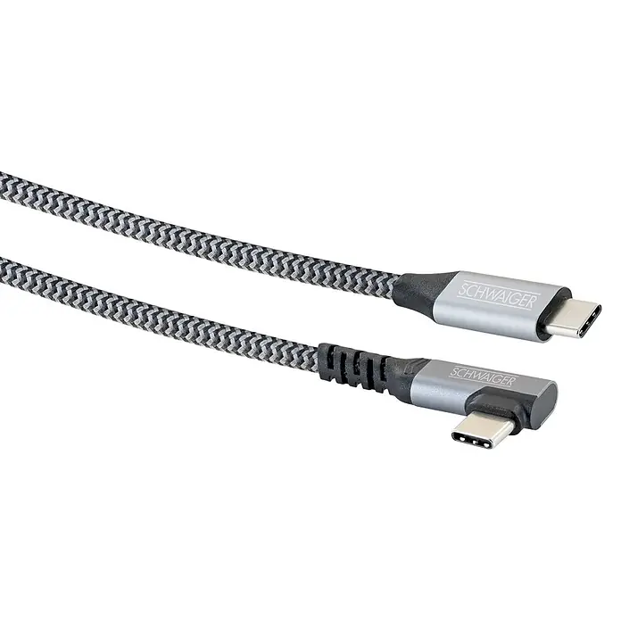 Schwaiger USB-Ladekabel 60W USB-C mit vertikalem Winkelstecker - Schwarz, Weiß, Länge: 1,2 m - Geflochtenes grau/schwarzes USB-C Kabel mit einem geraden und einem gewinkelten silbernen USB-C-Stecker.