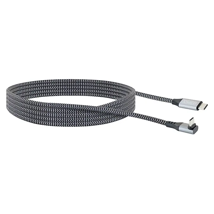 Schwaiger USB-Ladekabel 60W USB-C auf USB-C mit horizontalem Winkelstecker - Schwarz, Weiß, Länge: 2 m - Geflochtenes USB-C Kabel in Schwarz-Weiß, aufgerollt, mit geradem und abgewinkeltem USB-C-Stecker. Marke SCHWAIGER.