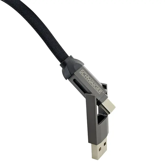 Schwaiger USB-Ladekabel 4-in-1 Multi-Ladekabel - Schwarz, Länge: 12 cm - Schwarzes geflochtenes USB-Kabel mit grauem SCHWAIGER Multi-Adapter für USB-A und USB-C.