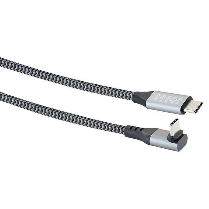 Schwaiger USB-Ladekabel 60W USB-C auf USB-C mit horizontalem Winkelstecker - Schwarz, Weiß, Länge: 2 m - Geflochtenes grau-schwarzes USB-C-Kabel mit einem geraden und einem 90-Grad-Winkel-USB-C-Anschluss in Silber.