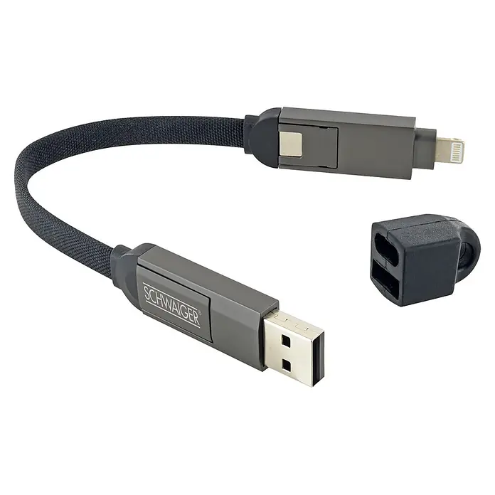 Schwaiger USB-Ladekabel 4-in-1 Multi-Ladekabel - Schwarz, Länge: 12 cm - Dunkelgraues geflochtenes USB-A zu Lightning Adapterkabel mit Metallgehäuse und Schutzkappe.