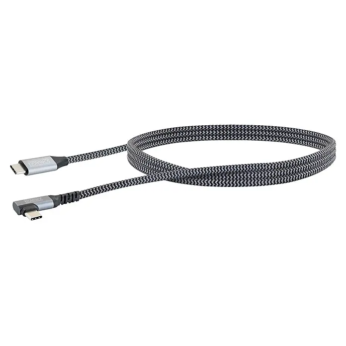 Schwaiger USB-Ladekabel 60W USB-C mit vertikalem Winkelstecker - Schwarz, Weiß, Länge: 1,2 m - Geflochtenes schwarz-graues USB-C-Kabel mit geradem und abgewinkeltem Stecker.