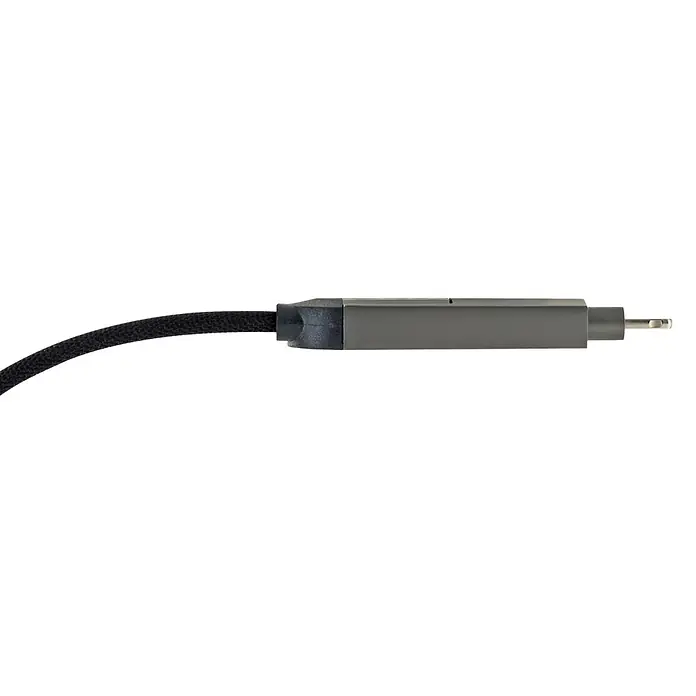 Schwaiger USB-Ladekabel 4-in-1 Multi-Ladekabel - Schwarz, Länge: 12 cm - Schwarzes geflochtenes Audiokabel mit einem grauen rechteckigen Stecker.