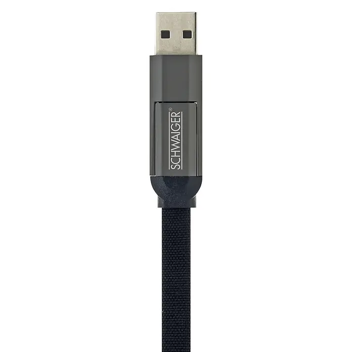 Schwaiger USB-Ladekabel 4-in-1 Multi-Ladekabel - Schwarz, Länge: 12 cm - SCHWAIGER USB-A-Stecker mit dunkelgrauem Gehäuse und schwarzem geflochtenen Kabel.