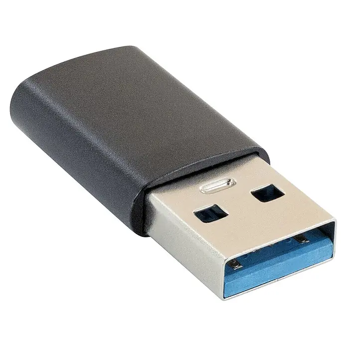 Schwaiger USB-Ladeadapter USB-Kurzadapter USB-C auf USB-A - Schwarz - Dunkelgrauer USB-Adapter mit silbernem USB 3.0-Anschluss und blauer Innenlasche.