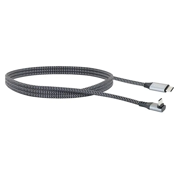 Schwaiger USB-Ladekabel 60W USB-C mit horizontalem Winkelstecker - Schwarz, Weiß, Länge: 1,2 m - Aufgerolltes geflochtenes schwarz-graues USB-C-Kabel mit geradem und abgewinkeltem Stecker.