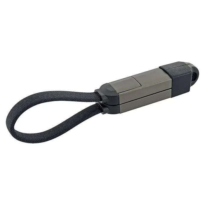 Schwaiger USB-Ladekabel 4-in-1 Multi-Ladekabel - Schwarz, Länge: 12 cm - Dunkelgrauer USB-Stick mit schwarzer gewebter Stoffschlaufe für einfachen Transport.