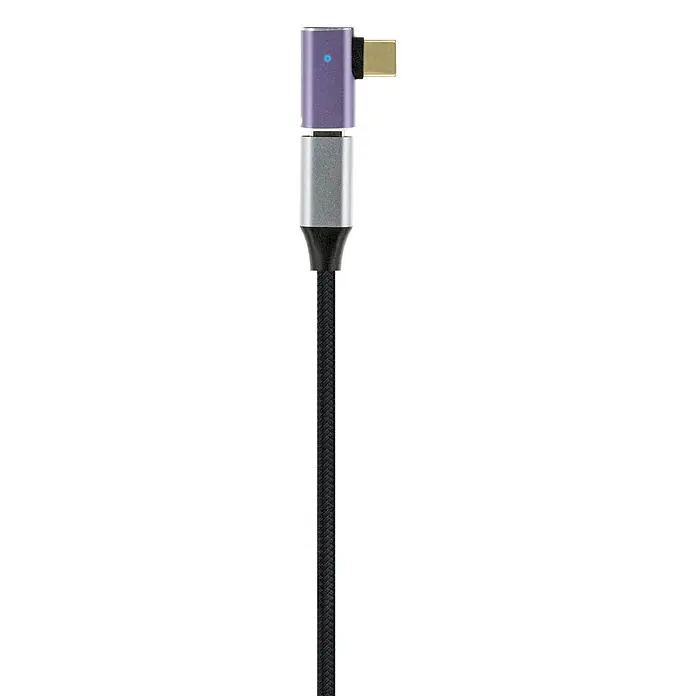 Schwaiger USB-Adapter USB-C Winkeladapter - Lila - L-förmiger USB-C Adapter mit lila/silbernem Gehäuse, blauer LED und schwarzem geflochtener Kabel.