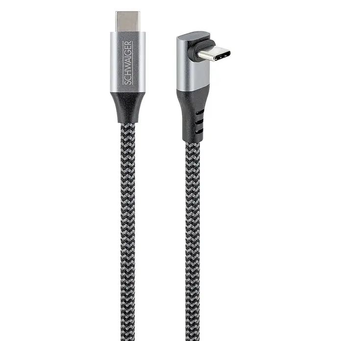 Schwaiger USB-Ladekabel 60W USB-C mit horizontalem Winkelstecker - Schwarz, Weiß, Länge: 1,2 m - Geflochtenes schwarz-graues USB-C-Kabel mit geradem und L-förmigem USB-C-Stecker, Marke SCHWAIGER.