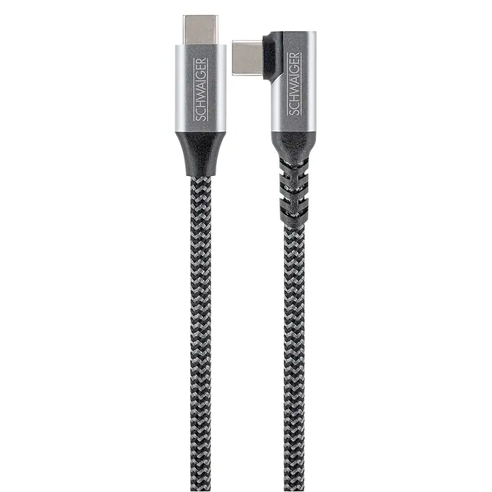 Schwaiger USB-Ladekabel 60W USB-C mit vertikalem Winkelstecker - Schwarz, Weiß, Länge: 2 m - Schwarz-graues geflochtenes USB-C-Kabel mit geradem und rechtwinkligem USB-C-Stecker.