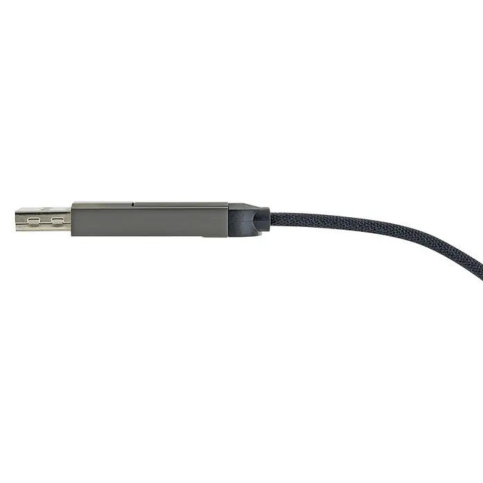Schwaiger USB-Ladekabel 4-in-1 Multi-Ladekabel - Schwarz, Länge: 12 cm - Dunkelgrauer USB-A-Anschluss mit Metallspitze und geflochtenem schwarzem Kabel.