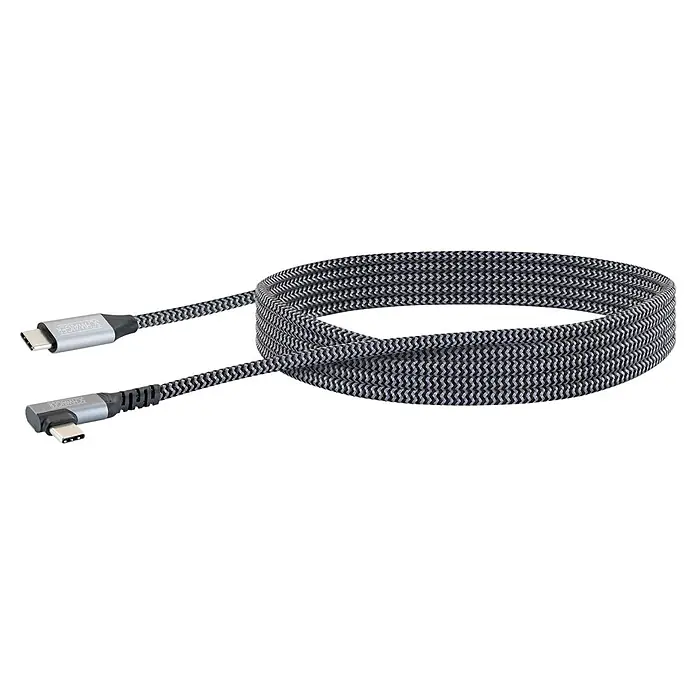 Schwaiger USB-Ladekabel 60W USB-C mit vertikalem Winkelstecker - Schwarz, Weiß, Länge: 2 m - Aufgerolltes, geflochtenes USB-C Kabel in Schwarz-Grau mit geraden und abgewinkelten silbernen Anschlüssen.