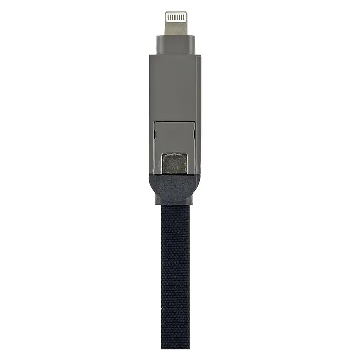 Schwaiger USB-Ladekabel 4-in-1 Multi-Ladekabel - Schwarz, Länge: 12 cm - Dunkelgrauer Lightning-Stecker-Adapter mit schwarzem geflochtenem Kabel.