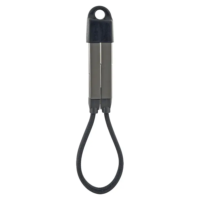 Schwaiger USB-Ladekabel 4-in-1 Multi-Ladekabel - Schwarz, Länge: 12 cm - Kompaktes dunkelgraues geflochtenes USB-C Ladekabel mit zwei ineinandergreifenden rechteckigen Metallteilen und einer Schlüsselringöse.