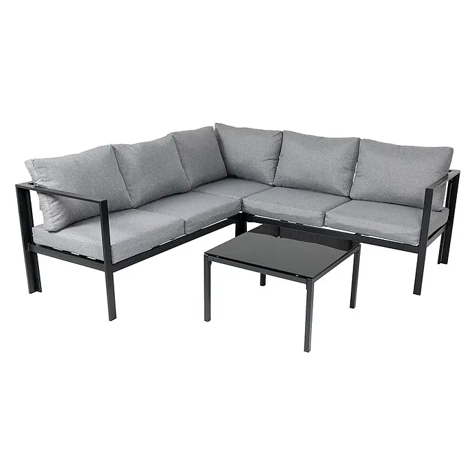 SVITA Loungemöbel-Set QUEENS - 5 -tlg., Verzinkter Stahl, Polyrattan, Spun-Polyester, Variabel stellbar, Schwarz - L-förmiges Outdoor-Sofa mit grauen Kissen und schwarzem Metallrahmen, dazu ein passender Couchtisch mit schwarzer Glasplatte.