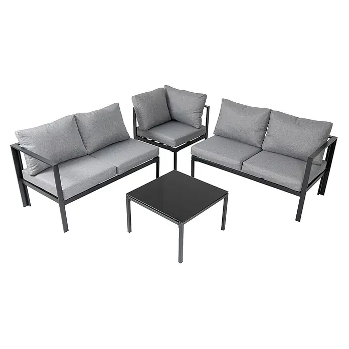 SVITA Loungemöbel-Set QUEENS - 5 -tlg., Verzinkter Stahl, Polyrattan, Spun-Polyester, Variabel stellbar, Schwarz - 4-teilige Gartenlounge-Set mit dunklen Metallrahmen, grauen Polstern und einem quadratischen Couchtisch mit dunkler Glasplatte.