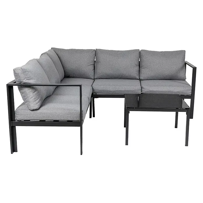 SVITA Loungemöbel-Set QUEENS - 5 -tlg., Verzinkter Stahl, Polyrattan, Spun-Polyester, Variabel stellbar, Schwarz - L-förmiges Outdoor-Sofa-Set mit grauen Kissen, schwarzem Metallrahmen und passendem Tisch mit schwarzer Glasplatte.
