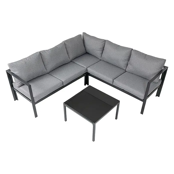 SVITA Loungemöbel-Set QUEENS - 5 -tlg., Verzinkter Stahl, Polyrattan, Spun-Polyester, Variabel stellbar, Schwarz - Graues Ecksofa mit schwarzem Metallgestell und schwarzem quadratischem Couchtisch, ideal für den Außenbereich.