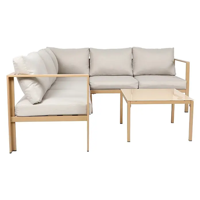 SVITA Loungemöbel-Set QUEENS - 5 -tlg., Stahl, Beige - Beige Metall-Gartenecksofa mit hellen Stoffkissen und passendem Couchtisch mit Glasplatte.