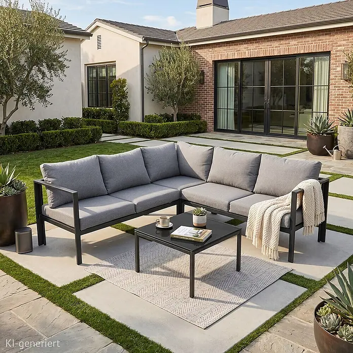 SVITA Loungemöbel-Set QUEENS - 5 -tlg., Verzinkter Stahl, Polyrattan, Spun-Polyester, Variabel stellbar, Schwarz - Modernes graues Outdoor-Ecksofa mit schwarzem Metallgestell und passendem Couchtisch auf einer Terrasse zum bequemen Entspannen.