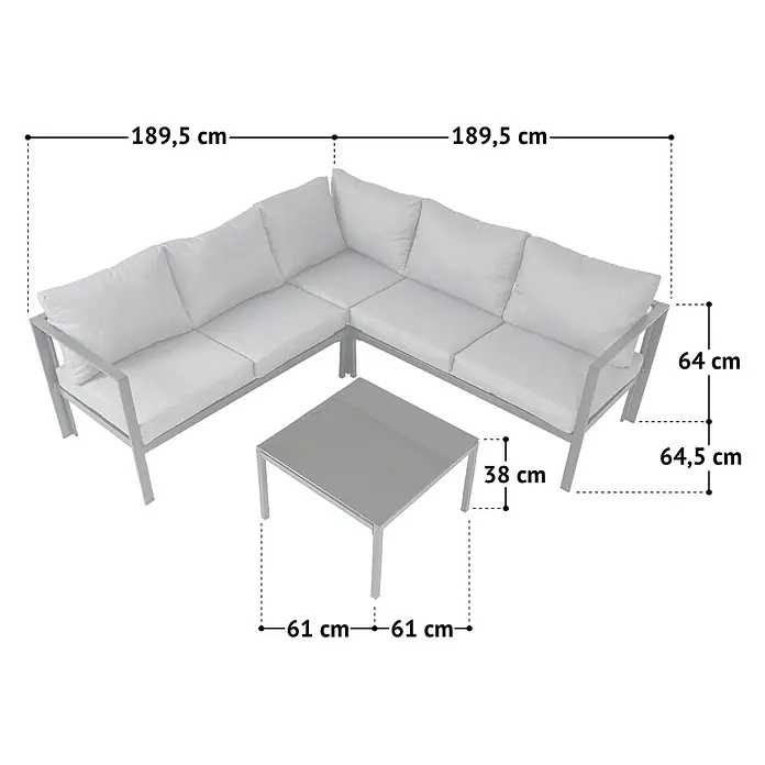 SVITA Loungemöbel-Set QUEENS - 5 -tlg., Verzinkter Stahl, Polyrattan, Spun-Polyester, Variabel stellbar, Schwarz - Graues L-förmiges Outdoor-Sofa mit hellgrauen Kissen und passendem quadratischem Couchtisch, Maße angegeben.