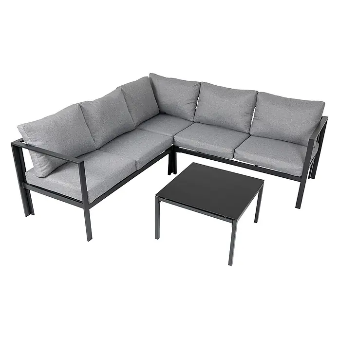 SVITA Loungemöbel-Set QUEENS - 5 -tlg., Verzinkter Stahl, Polyrattan, Spun-Polyester, Variabel stellbar, Schwarz - Graues Eckgartensofa mit schwarzem Metallrahmen und grauen Kissen, inklusive schwarzem rechteckigem Couchtisch.