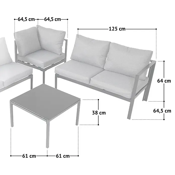SVITA Loungemöbel-Set QUEENS - 5 -tlg., Verzinkter Stahl, Polyrattan, Spun-Polyester, Variabel stellbar, Schwarz - Graues Gartenmöbel-Set: 2er-Sofa (125 cm B), Eckteil (64,5 cm B/T), Couchtisch (61x61x38 cm), mit Maßen.