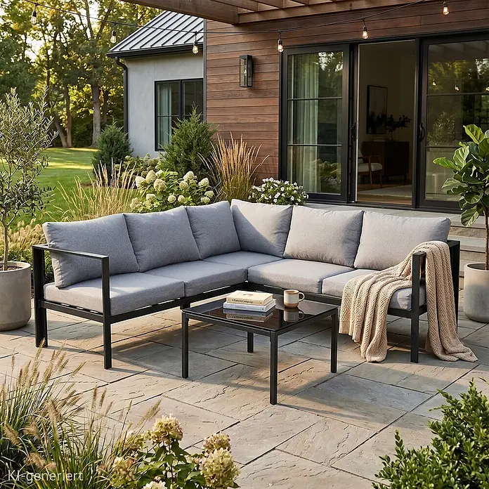 SVITA Loungemöbel-Set QUEENS - 5 -tlg., Verzinkter Stahl, Polyrattan, Spun-Polyester, Variabel stellbar, Schwarz - L-förmiges Outdoor-Sofa mit schwarzem Gestell und grauen Kissen, kombiniert mit einem schwarzen Couchtisch aus Glas auf einer Terrasse.