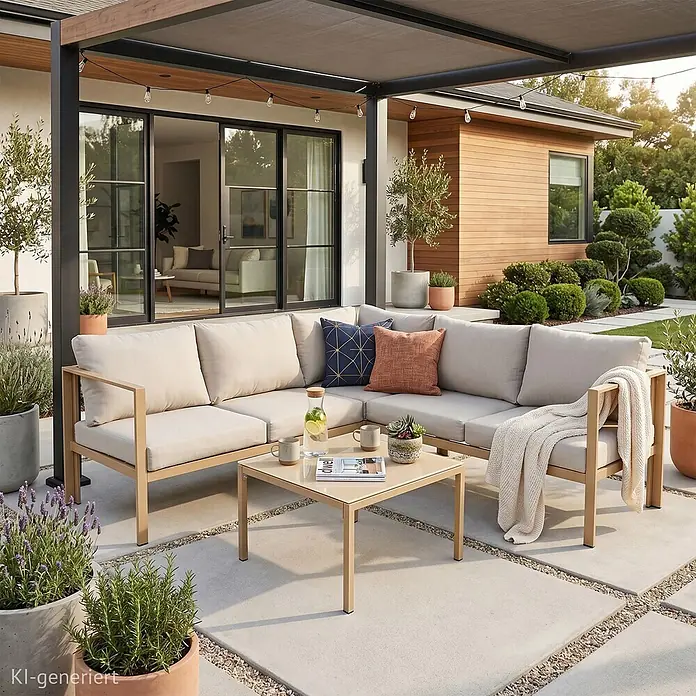 SVITA Loungemöbel-Set QUEENS - 5 -tlg., Stahl, Beige - L-förmiges Outdoor-Ecksofa mit hellbeigen Kissen und hellbraunem Gestell, kombiniert mit passendem quadratischem Couchtisch auf einer modernen Terrasse.