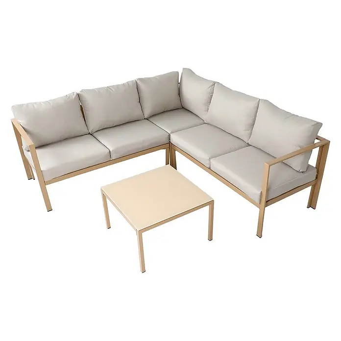 SVITA Loungemöbel-Set QUEENS - 5 -tlg., Stahl, Beige - L-förmiges Outdoor-Sofa mit beigem Metallrahmen, cremefarbenen Polstern und passendem Couchtisch.