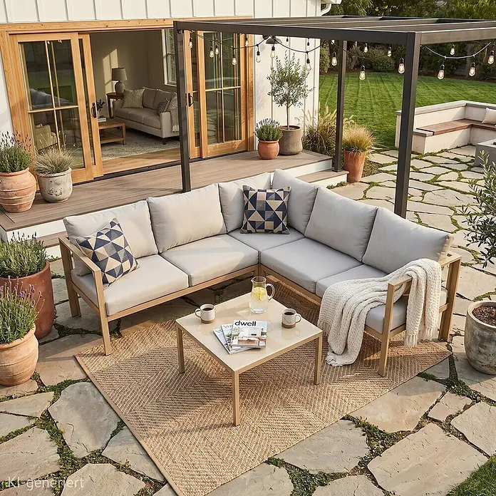 SVITA Loungemöbel-Set QUEENS - 5 -tlg., Stahl, Beige - Eine Outdoor-Ecksofa mit hellen Polstern und Gestell, passendem Couchtisch und Naturfaserteppich schafft einen gemütlichen Terrassenwohnbereich.