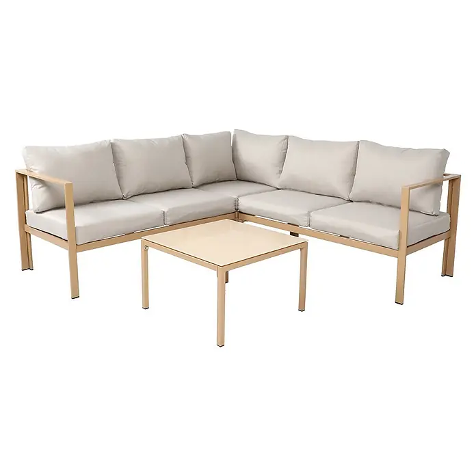 SVITA Loungemöbel-Set QUEENS - 5 -tlg., Stahl, Beige - Beiges Metall-Ecksofa mit hellen Kissen und passendem quadratischem Couchtisch.