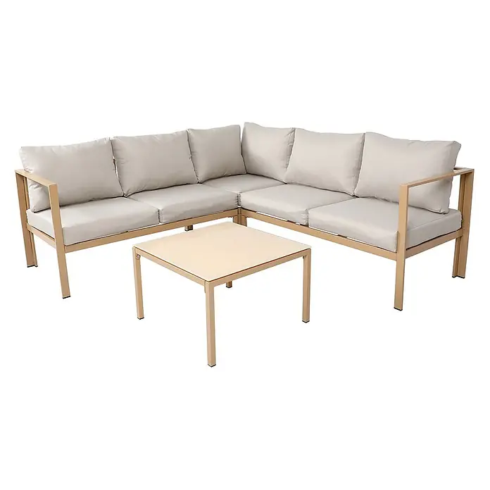 SVITA Loungemöbel-Set QUEENS - 5 -tlg., Stahl, Beige - L-förmiges Outdoor-Sofa mit hellen Polstern und passendem quadratischem Couchtisch, mit goldenen Metallrahmen.