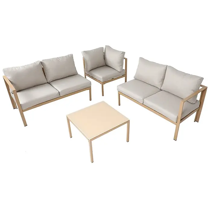 SVITA Loungemöbel-Set QUEENS - 5 -tlg., Stahl, Beige - 4-teiliges Outdoor-Lounge-Set mit hellbraunen Metallrahmen, hellgrauen Kissen und quadratischem Couchtisch.