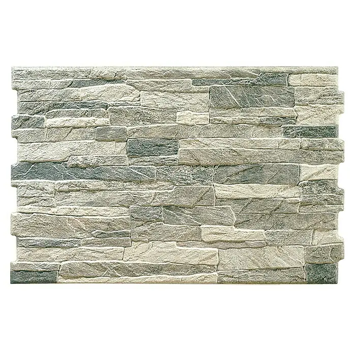 Verblendstein Aitana Gris - 50 x 33,5 cm, Grau, Steinoptik - Nahaufnahme einer Wandplatte in Steinoptik. Die Paneele haben verschiedene Grautöne und eine unebene Oberfläche, die das Aussehen von Naturstein imitiert.