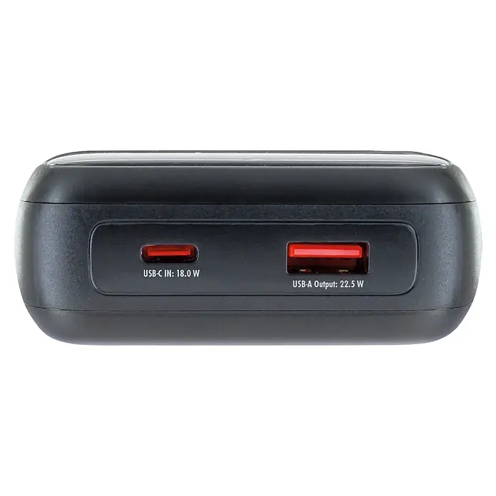 Schwaiger Powerbank Wireless 20.000 mAh inklusive Ladekabel - Schwarz - Schwarze Powerbank mit USB-C-Eingang (18W) und rotem USB-A-Ausgang (22.5W).