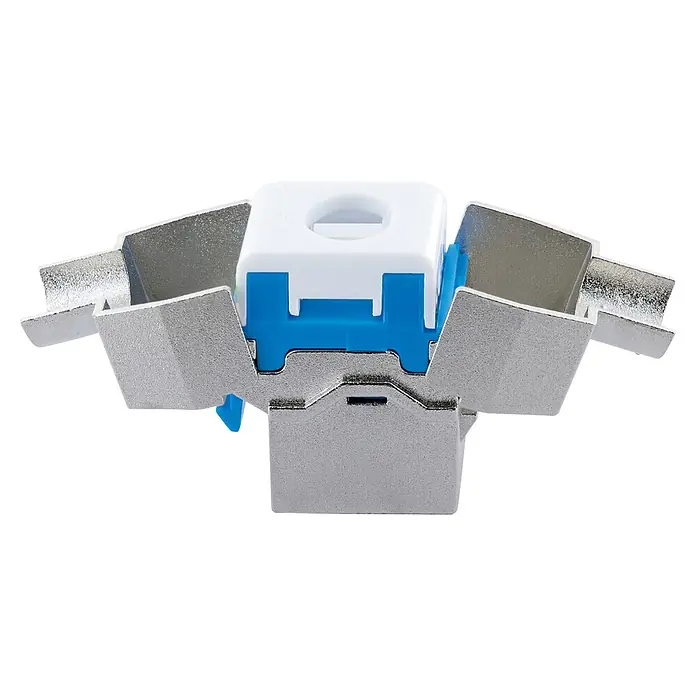 Schwaiger Netzwerk-Stecker Keystone CAT8-Modul werkzeuglos - Silber - Silberfarbene geschirmte Keystone-Buchse mit weißen und blauen Kunststoffteilen.