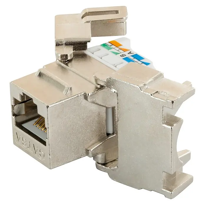 Schwaiger Netzwerk-Stecker CAT 6A Keystone Modul - Silber - Silberner, geschirmter, werkzeugloser CAT6A Keystone-Jack, offen gezeigt mit farbcodiertem Anschlussblock zur Netzwerkkabel-Termination.