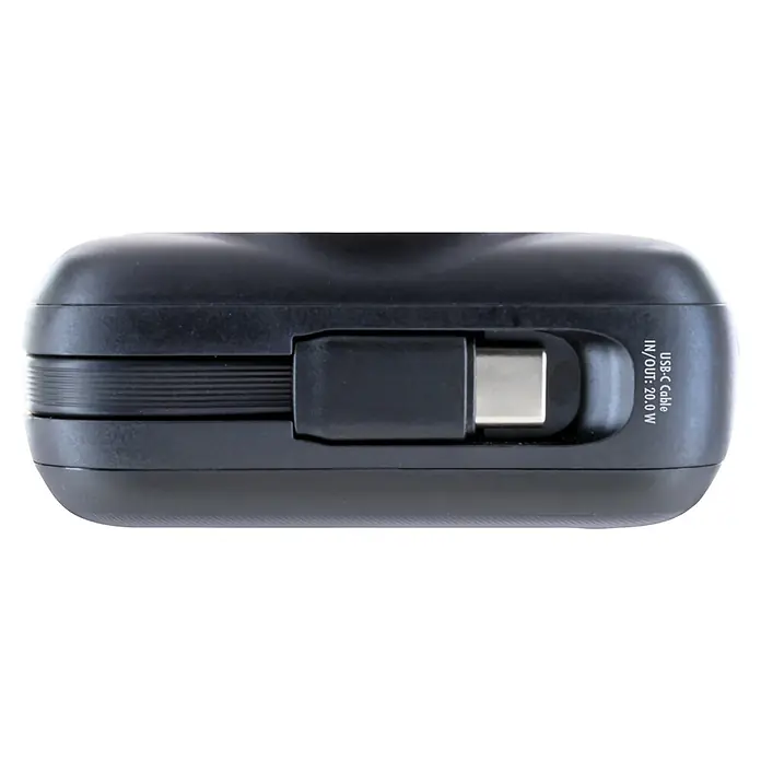 Schwaiger Powerbank Wireless 20.000 mAh inklusive Ladekabel - Schwarz - Schwarze Powerbank mit einziehbarem, integriertem USB-C Kabel, beschriftet mit 20.0W für Ein-/Ausgangsleistung.