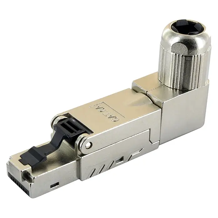 Schwaiger Netzwerk-Stecker CAT 6A RJ45 gewinkelt aus Metall - Silber - Silberfarbener, rechtwinkliger RJ45-Ethernet-Stecker mit schwarzem Plastikverschluss.