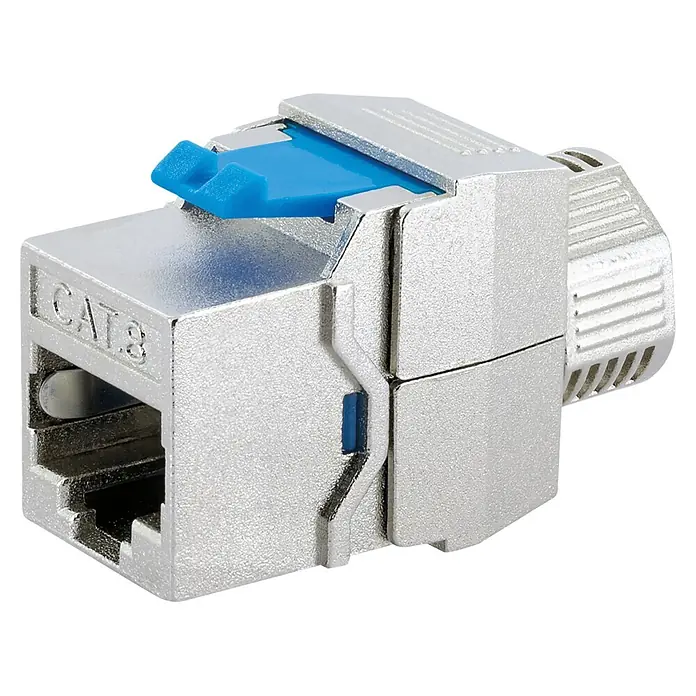 Schwaiger Netzwerk-Stecker Keystone CAT8-Modul werkzeuglos - Silber - Silberfarbener, geschirmter CAT 8 Keystone-Buchse mit blauem Akzent für schnelle Netzwerkverbindungen.