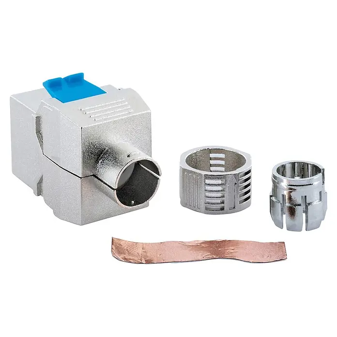 Schwaiger Netzwerk-Stecker Keystone CAT8-Modul werkzeuglos - Silber - Abgeschirmte modulare Steckverbinderkomponenten: silbernes Gehäuse mit blauem Clip, zwei Metallringe und ein Kupferfolienstreifen.