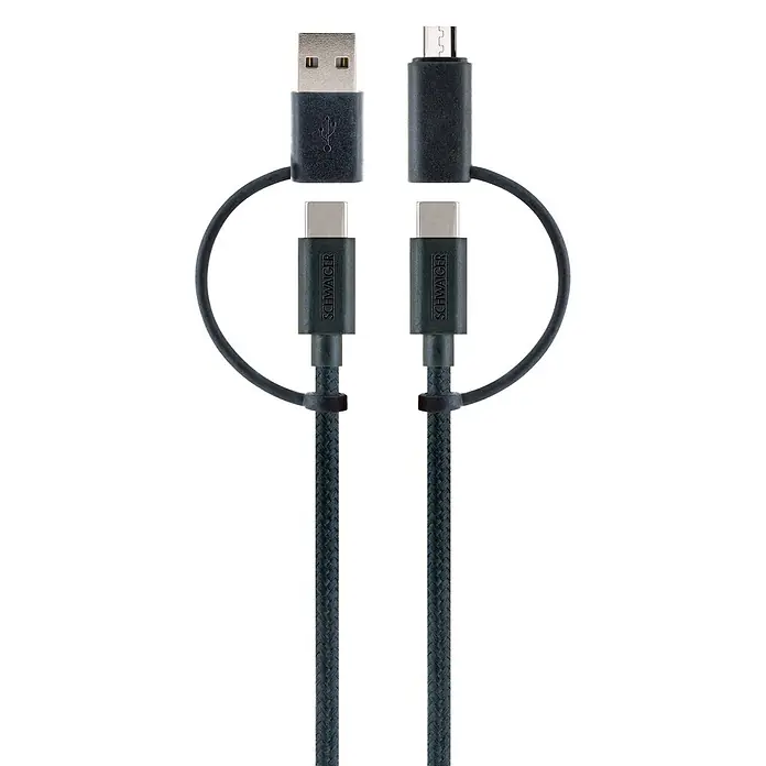 Schwaiger USB-Ladekabel 4-in-1 Adapterkabel - Schwarz, Länge: 1,5 m - Schwarzes geflochtenes Multi-Anschluss-USB-Kabel mit USB-A, Micro-USB und zwei USB-C Enden.